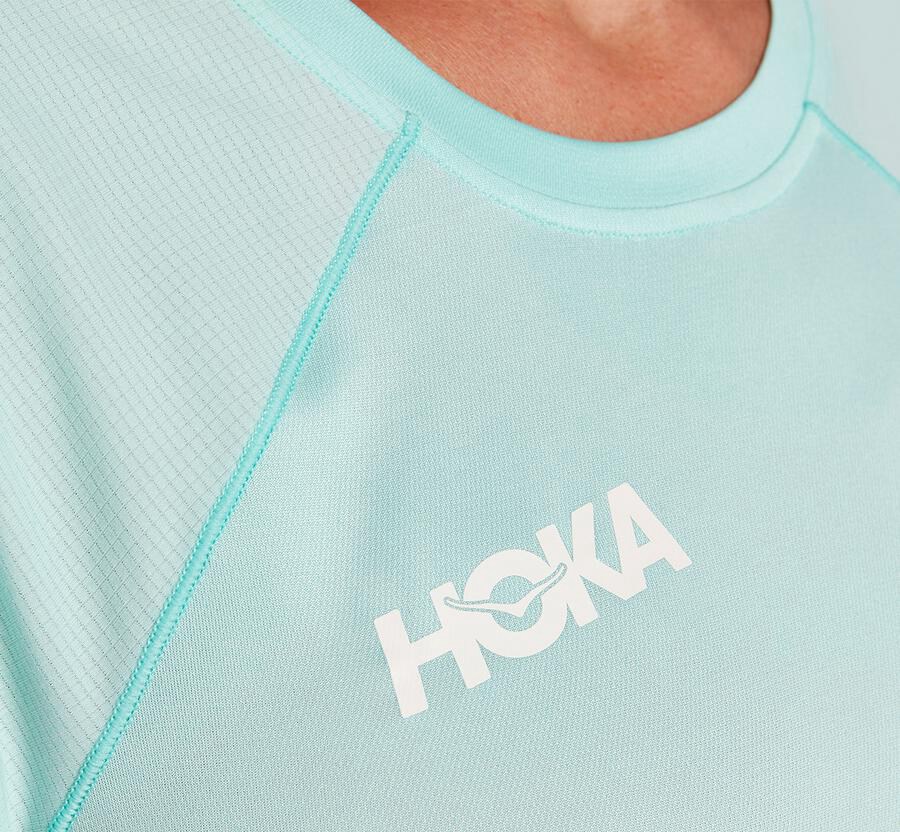 Hoka Australia One One Performance Short Sleeve - Womens Tops Blue - ADTUF-8953